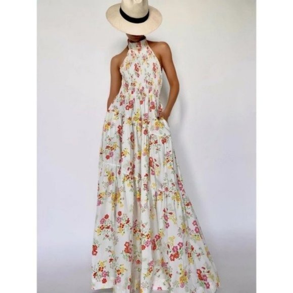 S/W/F Shirred Floral Print Halter Sleeveless Tiered Garden Party Maxi Dress SWF - Picture 4 of 5